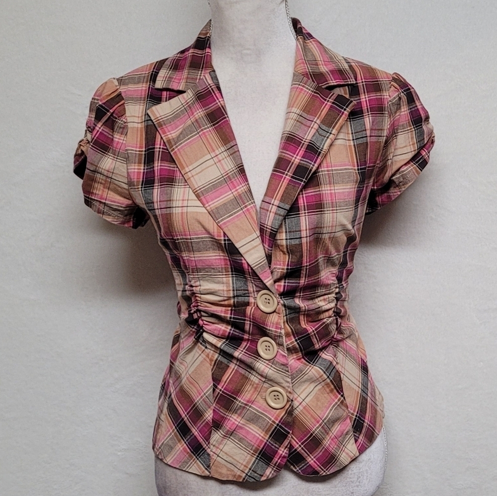 Rare Vintage 90s Rue21 Madras Plaid Stretchy Puff Sleeve Cropped Blazer Jacket - Picture 4 of 14